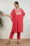 Shop_OMI_Coral Linen Embroidered Round Kaftan And Pant Set _at_Aza_Fashions