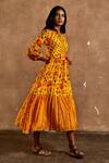 Shop_Label Kinjal Modi_Yellow Cotton Silk Printed Pleated Midi Dress_at_Aza_Fashions