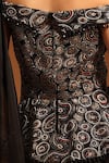 Buy_Sejal Kamdar_Black Pure Satin Crepe Print Ajrak Asymmetric Neck Peplum Saree Gown _Online_at_Aza_Fashions
