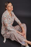 Shop_FUGA_Beige Linen Cotton Floral Pattern Notched Pistachio Print Blazer And Pant Set _at_Aza_Fashions