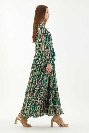 Shop_Koai_Green Chiffon Abstract V Neck Front Slit Dress _at_Aza_Fashions