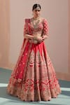 Shop_Angad Singh_Red Raw Silk Embroidered Zardozi Plunge Neck Bridal Lehenga Set _at_Aza_Fashions