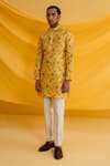 Shop_Drishti & Zahabia_Yellow Kurta Dupion Silk And Pants Silk Lining Floral Set _at_Aza_Fashions