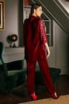 Priyanka Jain_Wine Velvet Lining Shantoon Sequin Blazer Lapel Lace Sleeves And Pant Set _Online_at_Aza_Fashions