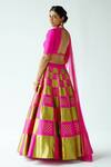 Shop_Priyal Prakash_Gold Silk, Net Sequins, Zari V-neck Chess Board Pattern Embroidered Lehenga Set _at_Aza_Fashions