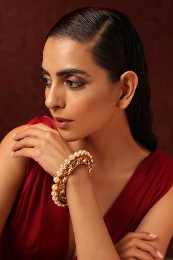 Shop_Swabhimann_Multi Color Pearls, Diamonds And Kundan Embellished Pacheli Kada _at_Aza_Fashions