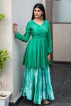 Shop_Cupid Cotton_Emerald Green Silk Cotton Sleeve Angrakha Kurta Lehenga Set For Women_at_Aza_Fashions