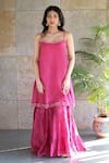 Shop_Cupid Cotton_Magenta Chanderi Silk, Organza Lace, Embroidery Scoop Hem Kurta Sharara Set _at_Aza_Fashions