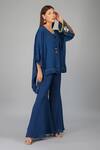 Shop_Devyani Mehrotra_Blue Viscose Double Georgette Embroidered Applique V Floral Kaftan And Pant Set_at_Aza_Fashions