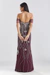 Shop_Megha Bansal_Wine Crepe Sequin, Thread, Cut Dana Work Off Shoulder Jamuni Gul Kaari Gown _at_Aza_Fashions