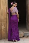 Shop_Nitisha Kashyap Official_Purple Uppada Silk Mirror Blouse Pre-draped Ruffle Saree Set  _at_Aza_Fashions