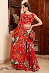 Shop_SANAM_Red Chiffon Garden Leaf Neck Claire Pattern Sharara Saree With Blouse _at_Aza_Fashions