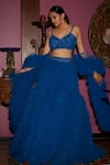 Shop_Nadine Dhody_Blue Tulle Sequins, Beads V-neck Delphene Ruffled Lehenga Set _at_Aza_Fashions