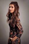 Shop_Gopi Vaid_Black Cotton Silk Printed Floral Band Collar Tunic For Women_at_Aza_Fashions