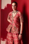 Shop_Ridhi Mehra_Red Raw Silk Printed Floral V Neck Saadirah Peplum Top And Sharara Set  _at_Aza_Fashions