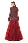 Shop_Rabani & Rakha_Maroon Net Embroidery, Sequins, Cut Work Dahlia Peplum Jacket And Lehenga Set _at_Aza_Fashions