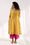 Shop_Label Shreya Sharma_Yellow Chanderi Embroidery Keyhole Neck Kurta And Flared Pant Set _at_Aza_Fashions
