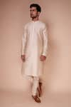 Shop_Tisa - Men_Beige Cotton Blend Silk Embroidered Thread Mandarin Collar Kurta Set  _at_Aza_Fashions