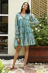 Shop_Aroop Shop India_Blue Chiffon V-neck Kacy Harbour Floral Print Dress _at_Aza_Fashions