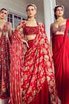 Shop_DiyaRajvvir_Red Cotton Silk Printed Floral Square Neck Pre-draped Sharara Saree Set _at_Aza_Fashions