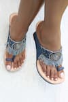 Shop_Sandalwali_Blue Leather Gabby Denim Embroidered Wedges_at_Aza_Fashions