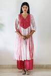 Shop_Cupid Cotton_Red Silk Cotton Embroidery Cutdana V Neck Yoke Kurta And Flared Pant Set _at_Aza_Fashions