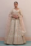 Shop_Angad Singh_Ivory Raw Silk Embroidered Zardozi Plunge Neck Floral Bridal Lehenga Set _at_Aza_Fashions