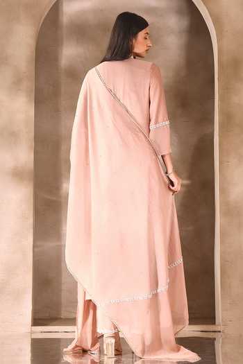 Shop_Seema Thukral_Pink Organza, Chanderi Embroidery, Pearls, Beads Floral Neckline Kurta Set _at_Aza_Fashions