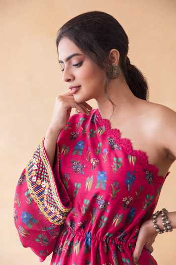 Shop_Shachi Sood_Pink Dupion Silk Floral Asymmetric Print One Shoulder Kurta With Pant _at_Aza_Fashions
