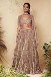 Shop_Reeti Arneja_Brown Taffeta, Organza Sequins V-neck Moonlight Pleated Lehenga Set _at_Aza_Fashions