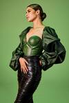 Shop_Sameer Madan_Green Faux Leather, Jersey, Cotton Lace Sweetheart Achlys Balloon Sleeve Corset _at_Aza_Fashions