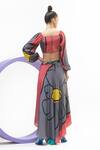 Shop_Nautanky_Grey Natural Crepe Printed Flower V Neck Puffed Sleeve Crop Top And Skirt Set _at_Aza_Fashions