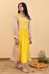 Shop_Pita Nila_Yellow Chanderi, Silk Organza Embroidery, Kira Floral Print Gathered Kurta Set _at_Aza_Fashions