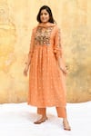 Shop_Label Niti Bothra_Peach Pure And Handwoven Banarasi Silk Polka Dot Gathered Sleeve Kurta & Pant Set _at_Aza_Fashions