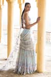 Shop_LASHKARAA_Blue Net Printed Floral Scoop Pre-draped Saree With Embroidered Blouse For Women_at_Aza_Fashions