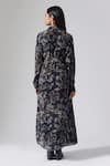 Shop_Klad_Black Crepe Printed Floral Collared Neck Front-open Maxi Dress With Belt_at_Aza_Fashions