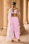 Shop_LASHKARAA_Pink Velvet Embroidery Floral Straight Off Shoulder Crop Top Dhoti Pant Set _at_Aza_Fashions