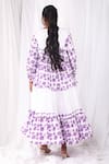 Shop_KHAT_White Poplin Cotton Printed Flowers Boat Flared Purple Dress  _at_Aza_Fashions