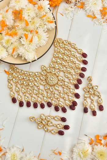 Shop_Swabhimann_Red Diamonds, Pearls Kundan Embellished Long Necklace Set _at_Aza_Fashions