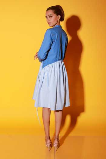 Shop_Echke_Blue Poplin Mandarin Collar Colour Block Short Dress _at_Aza_Fashions