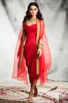 Shop_Tisha Saksena_Red Dress  Dupion Silk Embroidery Zardozi Dress Scoop Boteh Draped With Cape _at_Aza_Fashions