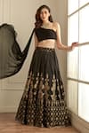 Buy_Studio Iris India_Black Skirt Banarasi Silk Floral Pattern One Shoulder Koel Blouse And Set _at_Aza_Fashions