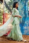 Shop_Gulaal_Green Muslin Silk Hand Embroidered Hand-dye Round Short Kurta Palazzo Set _at_Aza_Fashions