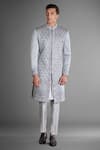 Shop_More Mischief_Grey Silk Linen Embroidery Floral Monarch Geometric Sherwani  _at_Aza_Fashions