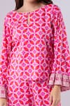 Shop_Tangerine Tiger_Pink 100% Cotton Poplin Geometric Pattern Flounce Sleeved Top And Pant Set_at_Aza_Fashions