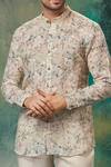 Shop_SAMMOHAN CEREMONIAL_Beige Linen Viscose Printed And Embroidered Floral Ditsy Short Kurta Set For Men_at_Aza_Fashions