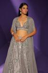 Shop_Rishi And Soujit_Purple Raw Silk Embroidery Mirror Cape Open Fossil Lilac Lehenga Set _at_Aza_Fashions