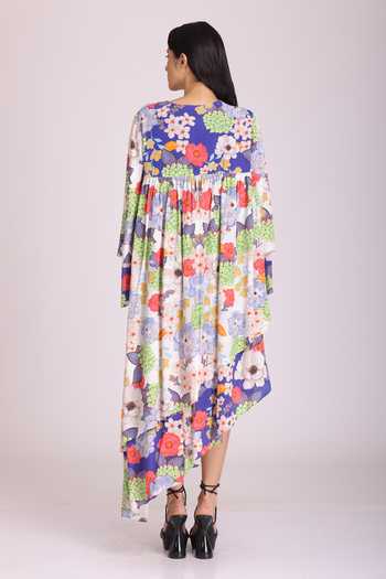 Shop_Alpona Designs By Soham Acharya_White Natural Crepe Floral V Neck Print Bell Sleeve Dress _at_Aza_Fashions