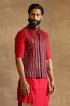 Shop_Raghavendra Rathore Jodhpur_Red Tussar Embroidered Stripes Waistcoat _at_Aza_Fashions