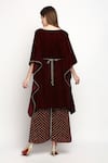 Shop_Monk & Mei_Maroon Kaftan Velvet Plain Boat Neck Nuuh And Palazzo Set _at_Aza_Fashions